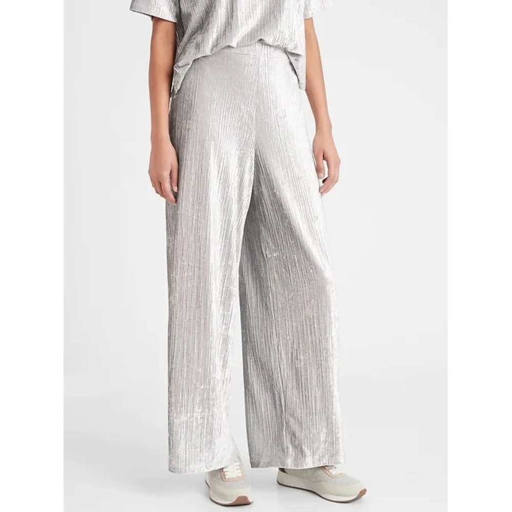 Banana Republic Pants Women's Medium Silver Gray Wide-Leg Crinkle Velvet‎ NWT